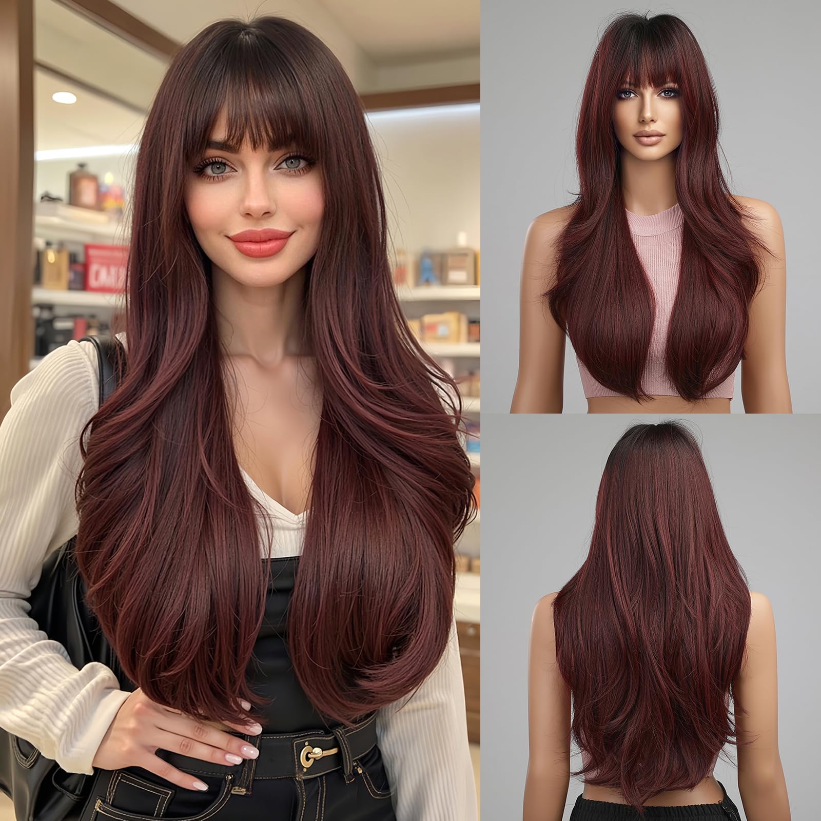 Esmee Long Ombre Red Wigs for Women Natuaral Synthetic Wavy Curly Hair Burgundy Wig with Fringe for Daily Party Cosplay Use-24 Inches — image 1
