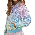 Onedema Girls Sequin Bomber Jacket Sparkly Bomber Outfit Long Sleeve Zipper Bright Colors 5-12T