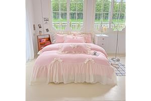 SOUKECHY Girls Lace Bedding,Queen Comforter Cover Set, Chic Ruffled Duvet Cover with Lovely Bow,Princess Style 1 Duvet Cover with 2 Pillowcases, No Comforter-Pink,Queen Size