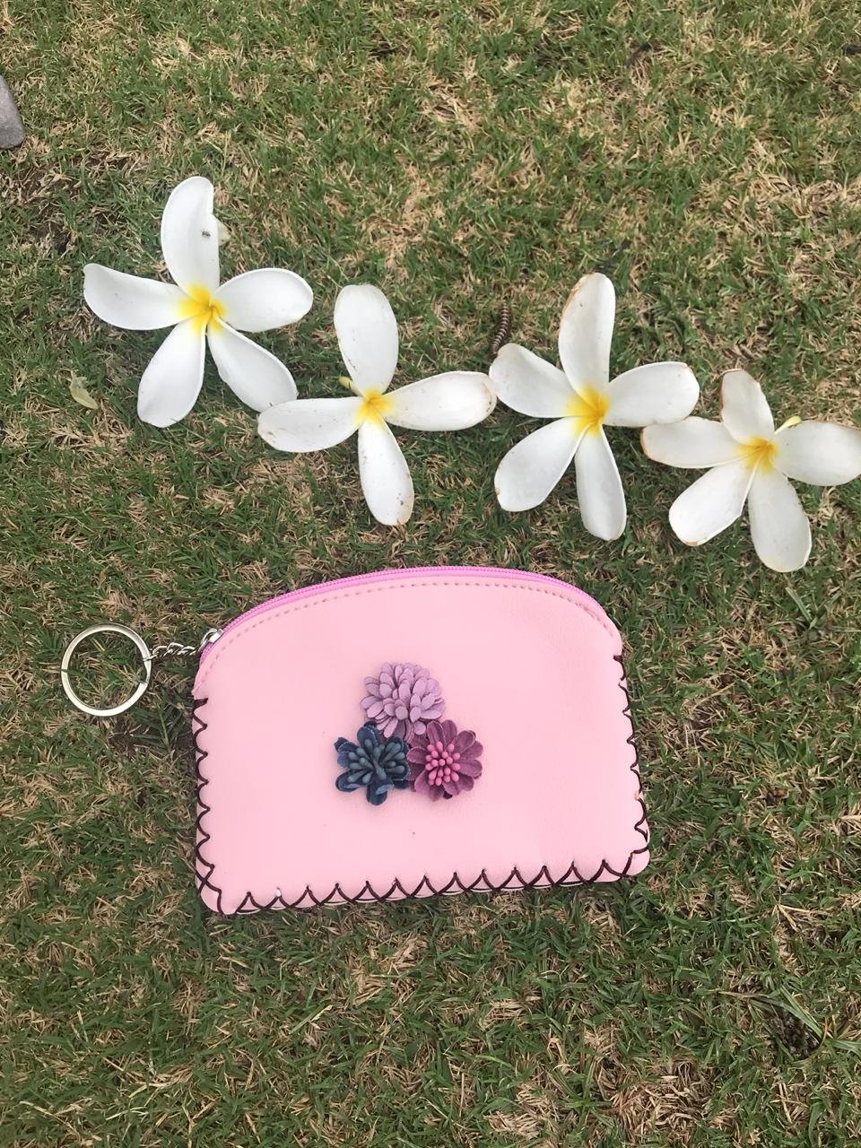 stripes light pink pu leather flower with tassel small coin purse