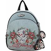 ED HARDY Denim Mini Backpack for Women – Embroidered Skull & Roses Design, Studded Detail, Adjustable Logo Straps, Compact Fashion Travel Bag (Blue Denim-Love Kills Slowly)