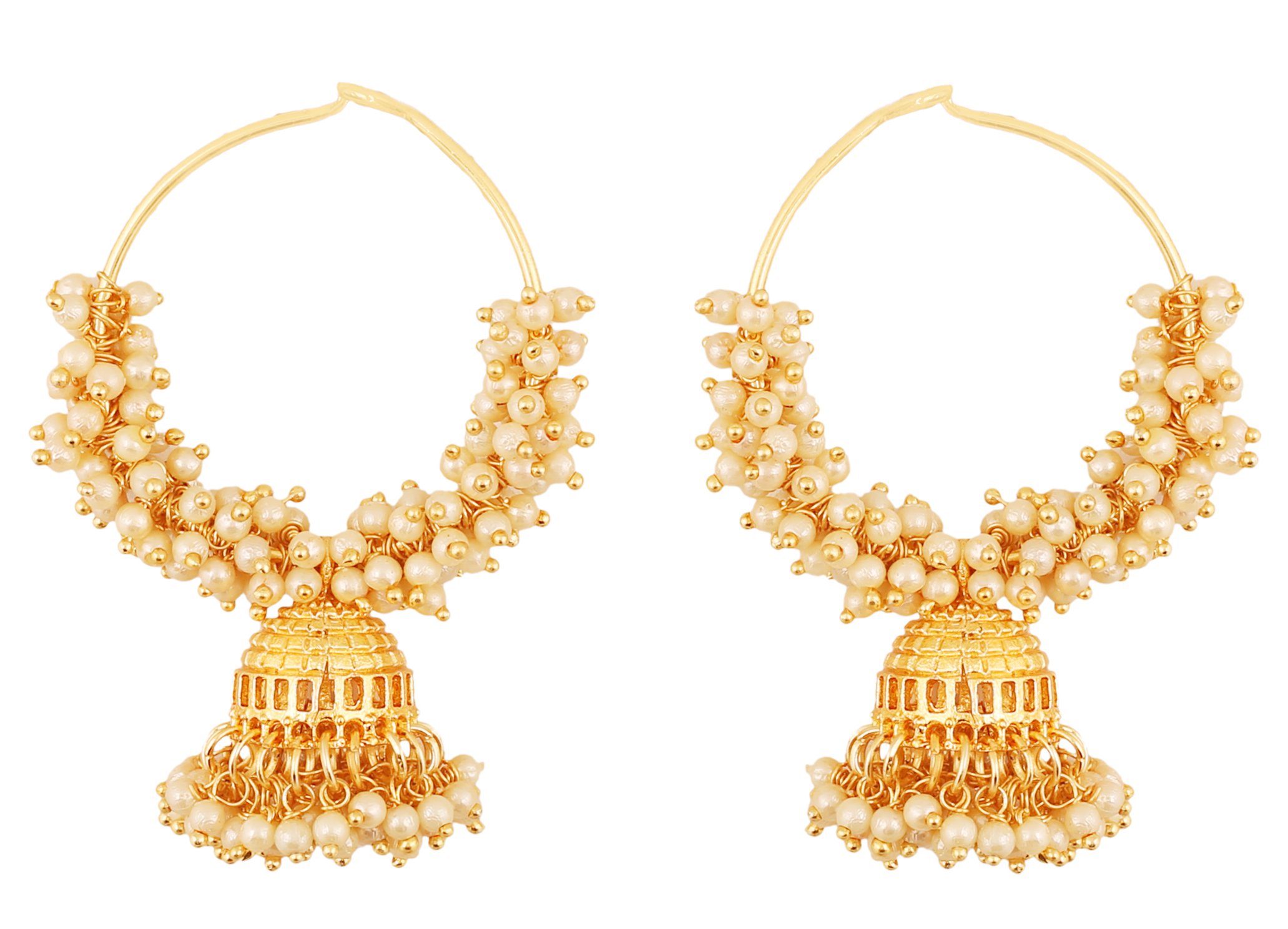 Touchstone Indian Bollywood traditional thin wire elegant and designer bali jhumki earrings with bunches of faux pearls for women in gold tone