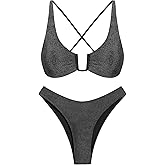 ZAFUL Women's Two Piece Swimsuit Textured U-Wired Metal Criss Cross String Bikini High Leg Bathing Suits