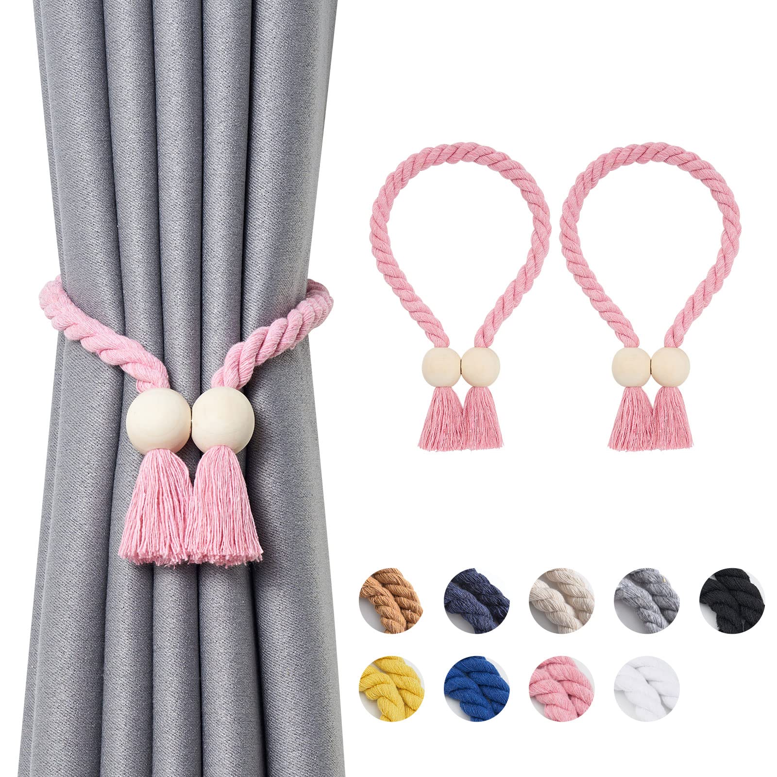 Pretty Jolly 2 Pack Wooden Ball Magnetic Curtain Tiebacks Boho Home Decor Drape Tie Backs Natural Cotton Hand Woven Rope Curtain Holdbacks for Thin & Thick Home & Office Window Draperies (Pink)