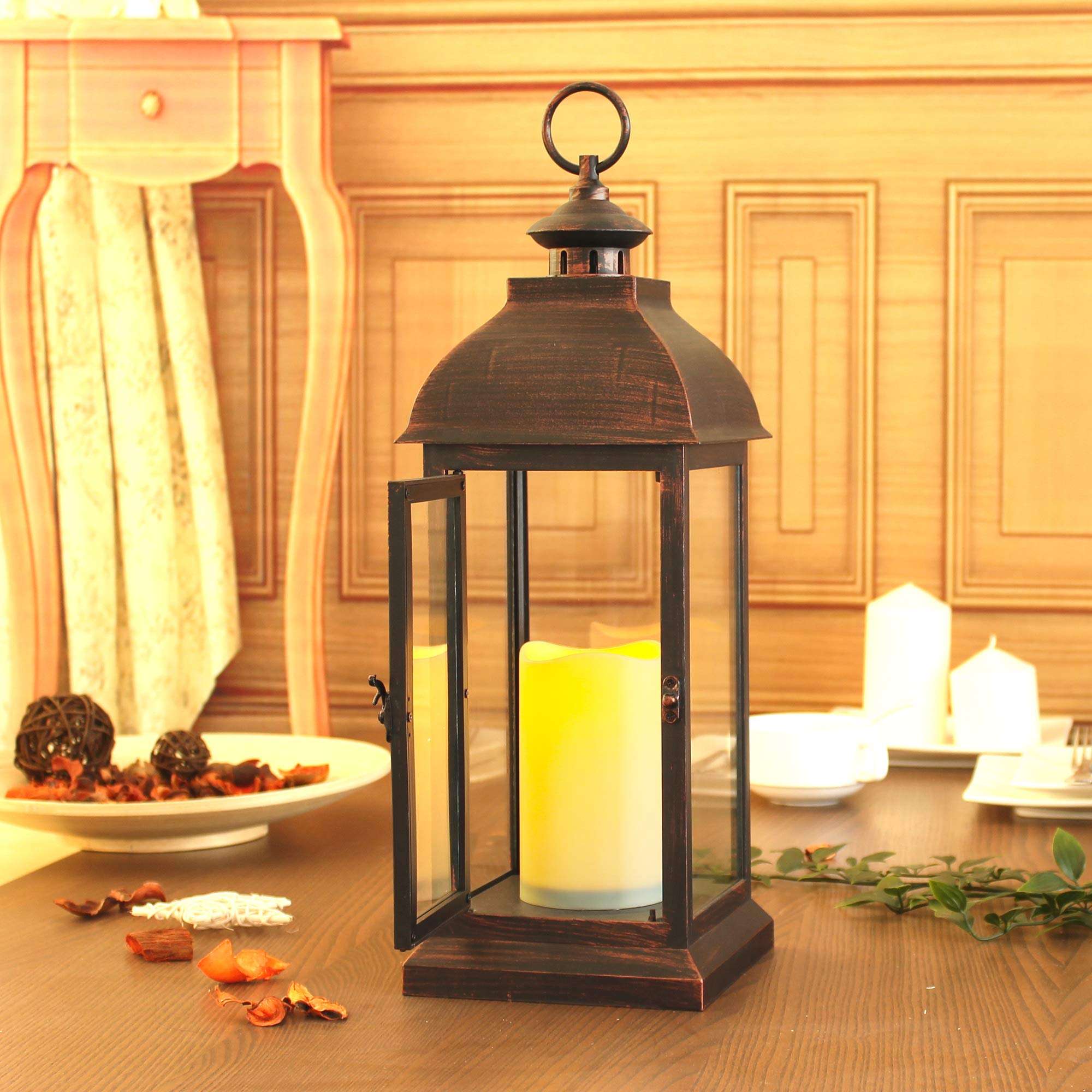 WRalwaysLX Decorative Lantern with Dancing Flame LED Timer Candle, Giant Lantern for Outdoor Garden/Indoor Use, Door- opening 41cm Lantern, Plastic with Brozen Undertone (Square&Giant)