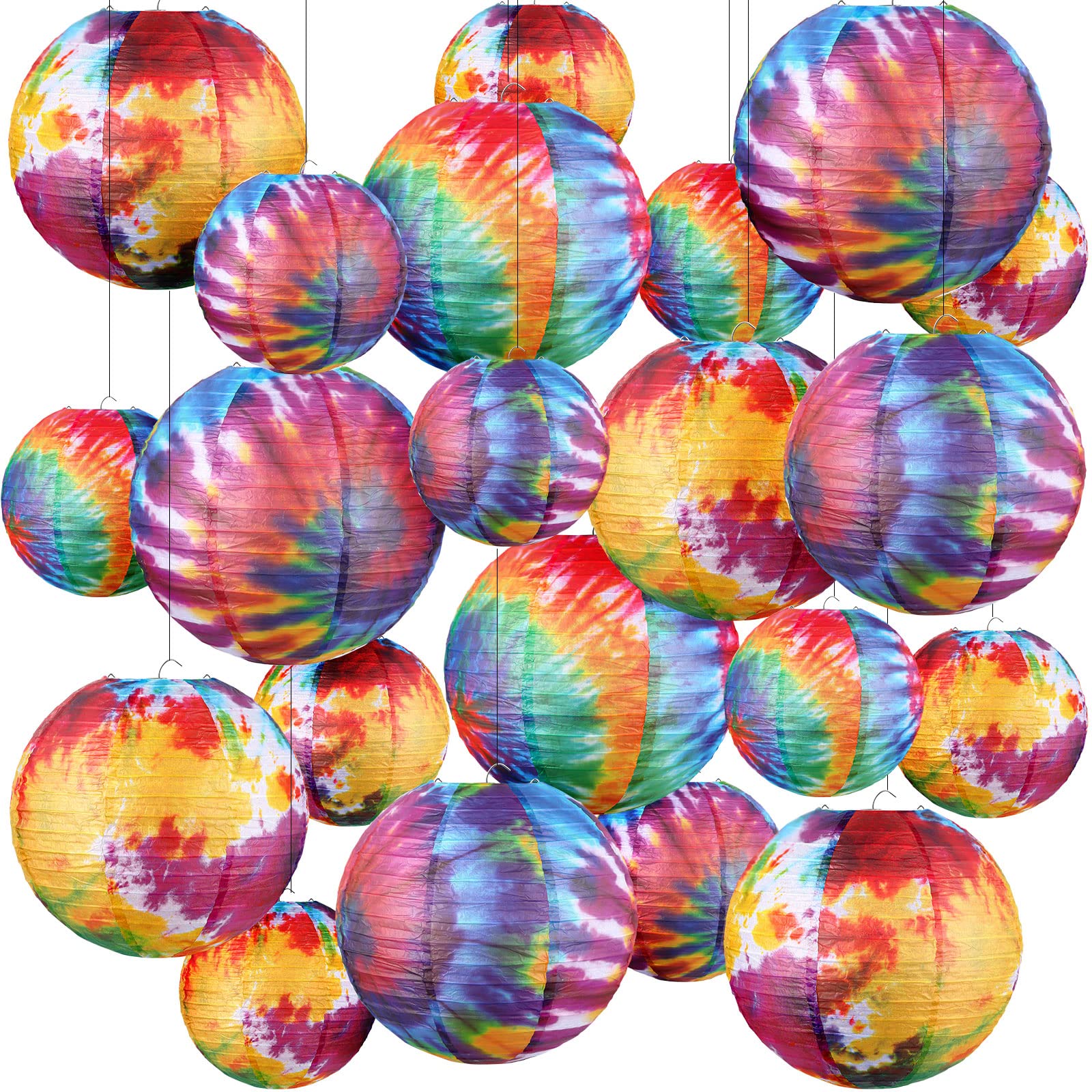 Photo 1 of 20 Pcs Tie Dyed Groovy Paper Lanterns Chinese Japanese Lanterns Groovy Party Decorations Tie Dye Party Supplies Classroom Hanging Ceiling Decorations for Home Decor Parties Weddings, 12 Inch, 6 Inch