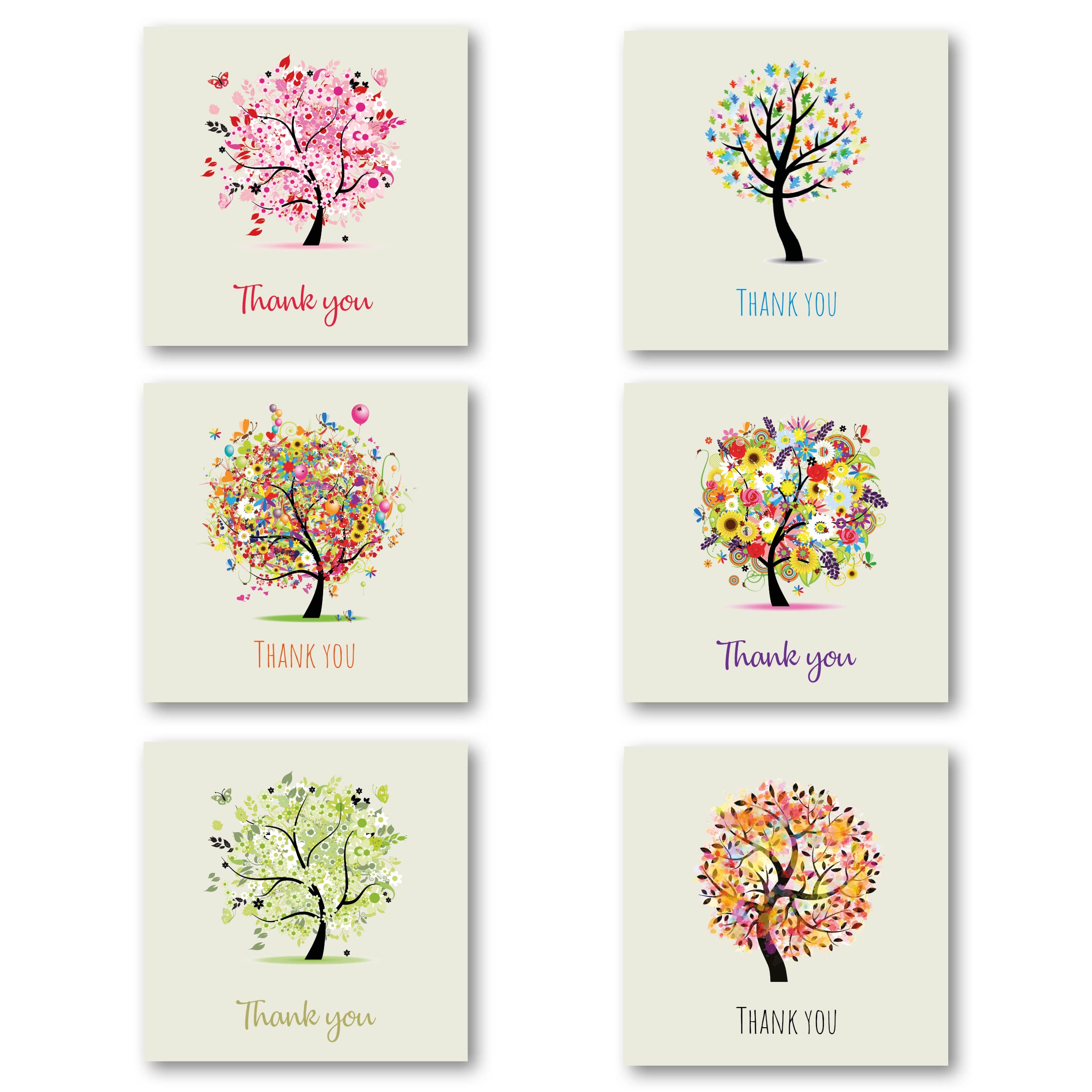 Thank You Cards Multipack of 36. Each Greeting Cards Pack includes 6 Tree designs. 115 x 115mm. Blank Inside. Envelopes included. Made in UK.