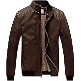 WenVen Men's Stand Collar Fleece Lined Bomber Faux Leather Jacket Warm Winter Coat