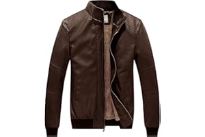 WenVen Men's Stand Collar Fleece Lined Bomber Faux Leather Jacket