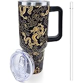 Lumumanber 40 oz Dragon Tumbler with Handle and Straw, Travel Mug Water Bottle, Stainless Steel Insulated Cup with Lid and Straw, Birthday Christmas Gifts