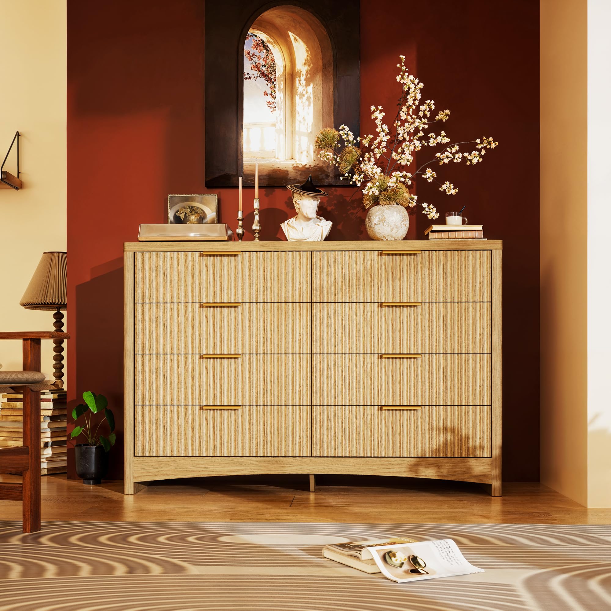 Photo 1 of  Marsail 8 Drawer Wooden Dresser with Smooth-Glide Drawers, Modern Storage Solution for Bedrooms, Living Rooms, and Hallways, Featuring Large Capacity and an Elegant Natural Wood Finish, Natural Oak  ***OPEN BOX, BOX RIPPED/TORN 