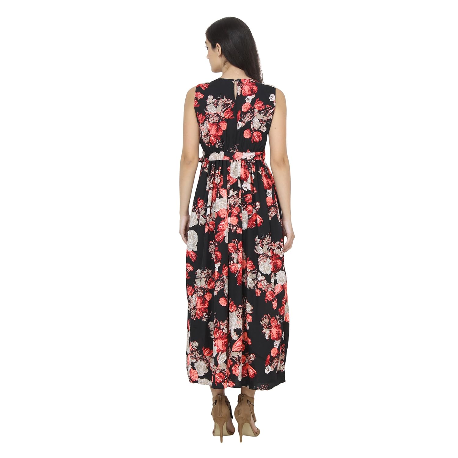my swag women's crepe floral print sleeveless round neck maxi
