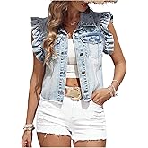 GORGLITTER Women's Casual V Neck Ruffle Sleeve Denim Vest Cropped Button Up Sleeveless Jean Jacket with Pockets