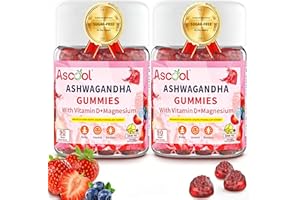 Ascool Sugar-Free Vegan Ashwagandha Gummies - Water-Soluble Root Extract with Vitamin D & Magnesium for Women & Men - Lower Cortisol, Reduce Stress, Improve Sleep & Mood, Mixed Berry Flavor