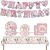 Meledy Birthday Party Supplies, Kawaii Cartoon Party Tableware with Happy Birthday Banner, Tablecloth, Disposable Paper Plates with Napkins for Fans Kids Party Decorations Serves 20 Guests
