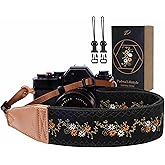 Padwa Lifestyle Camera Strap - 2" Full Grain Leather Ends Camera Straps for Photographers, Vintage Embroidered Cotton Weave Soft Suede Fabric Padded Strap Quick Release fits All Cameras