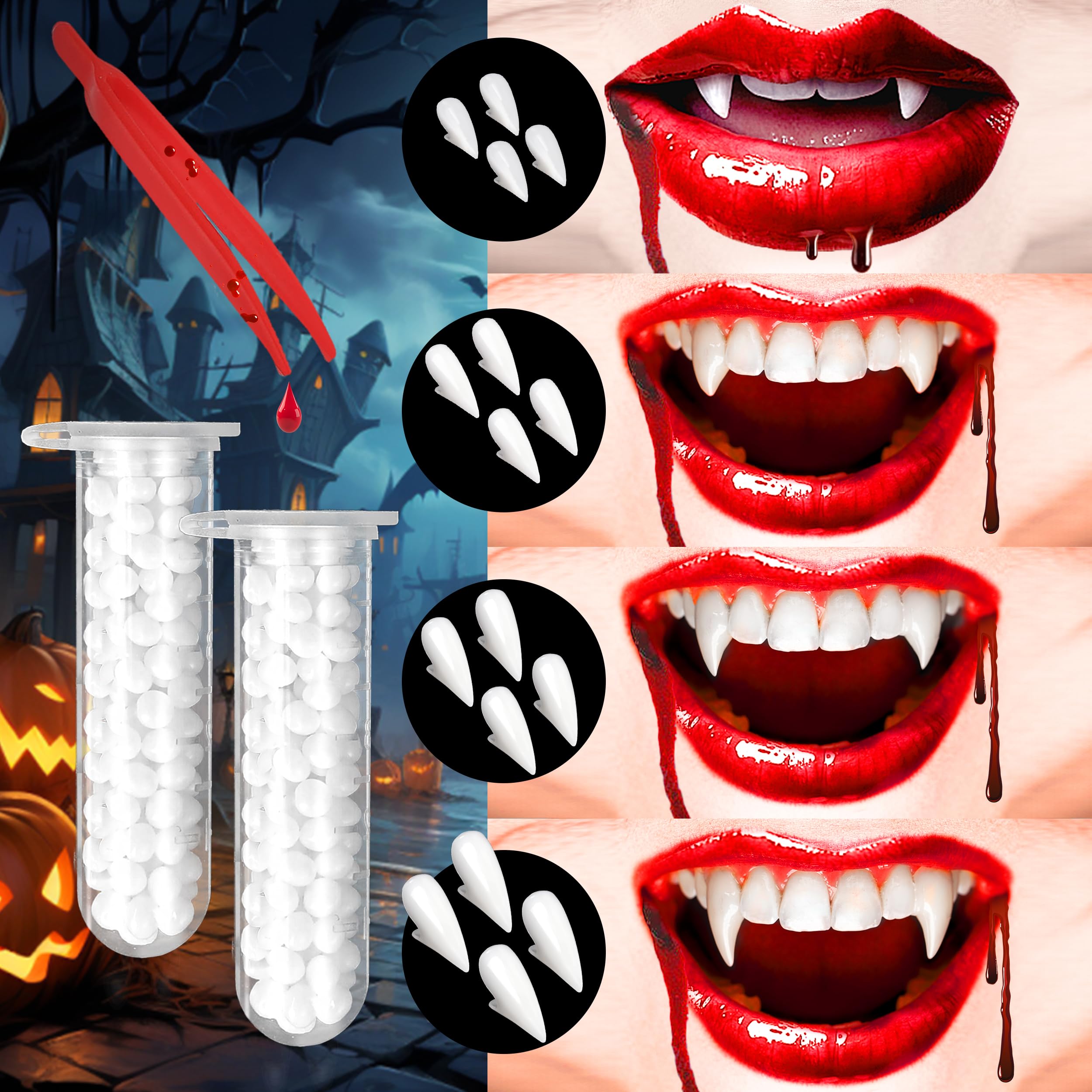Photo 1 of EWPJDK Vampire Teeth 4 Sizes 8 Pairs Halloween Decorations Party Cosplay Props Vampire Fangs Fake Teeth with Adhesive Halloween White Favors Accessories Gift