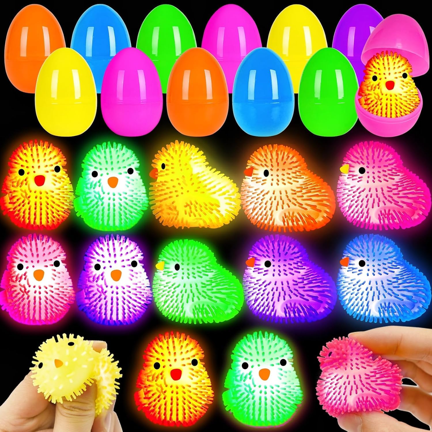 PIONJOY 12 Pack Easter Eggs Filled Chick LED Puffer Balls,LED Light Up Toys Stuffers Stress Relief LED Ball for Kids Easter Egg Hunt Filling Treats Easter Basket Stuffers Easter Party Favor