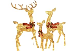 3-Piece Large Deer Family - HOYECHI Lighted Christmas 3D Reindeer Outdoor Yard Decoration Set w/ 210 LED Lights, Stakes, Zip Ties - Gold