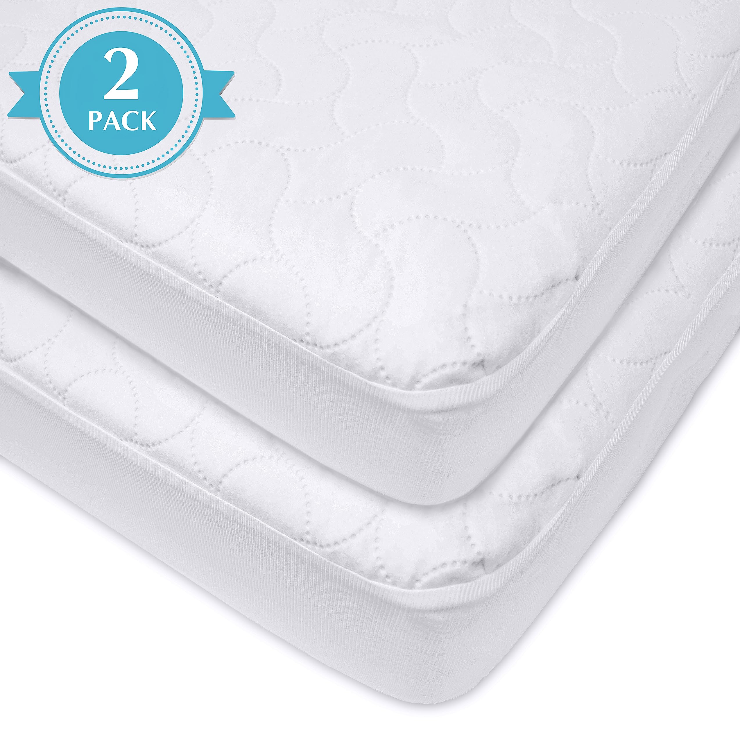 American Baby Company 2 Pack Waterproof Fitted Crib and Toddler Mattress Protector, Quilted and Noiseless Crib & Toddler Mattress Pad Cover, White, 52"x28"x9"