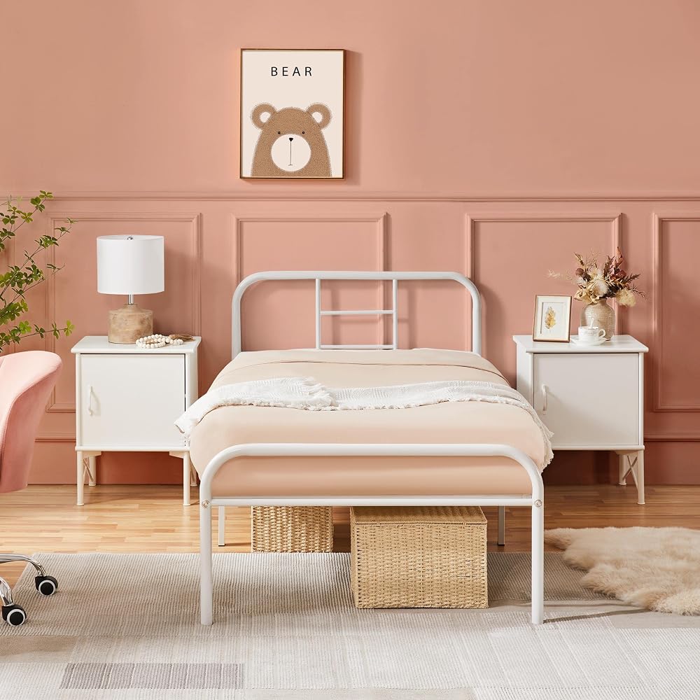 Yaheetech 3ft Single Bed Frame Metal Slatted Bed with Headboard White