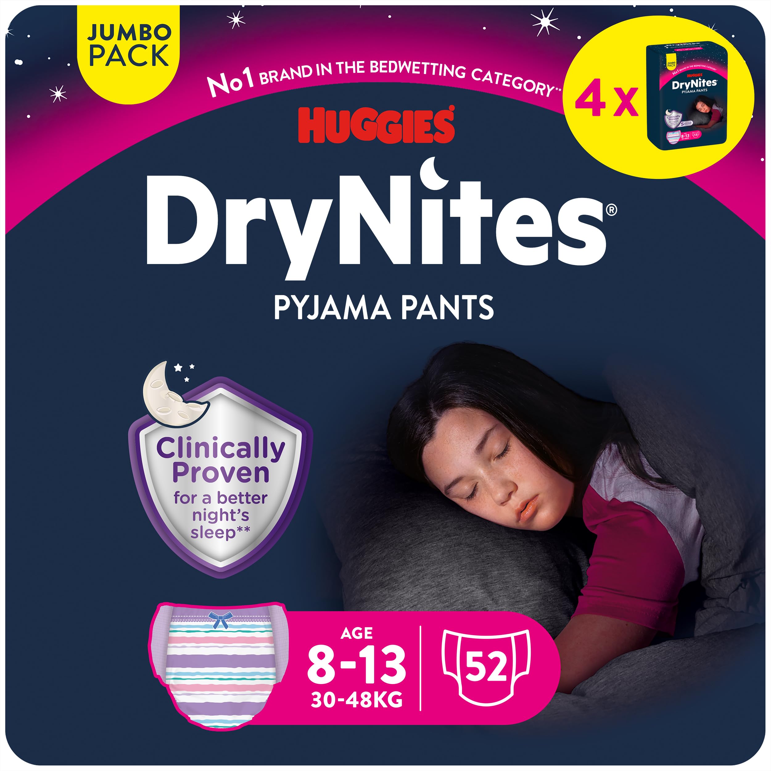 Huggies DryNites hochabsorbierende Nachtwindeln bei Bettnässen, für Mädchen 8-15 Jahre, 52 Stück, Monatspack, Windel-Pants
