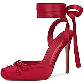 Celbreez Ballet Heels Satin Stiletto Heels for Women Close Square Toe Slingback Bow Lace Up High Nude Heel Women's Pumps Strappy Mary Jane Ballerina Heel Party Wedding Cute Shoes