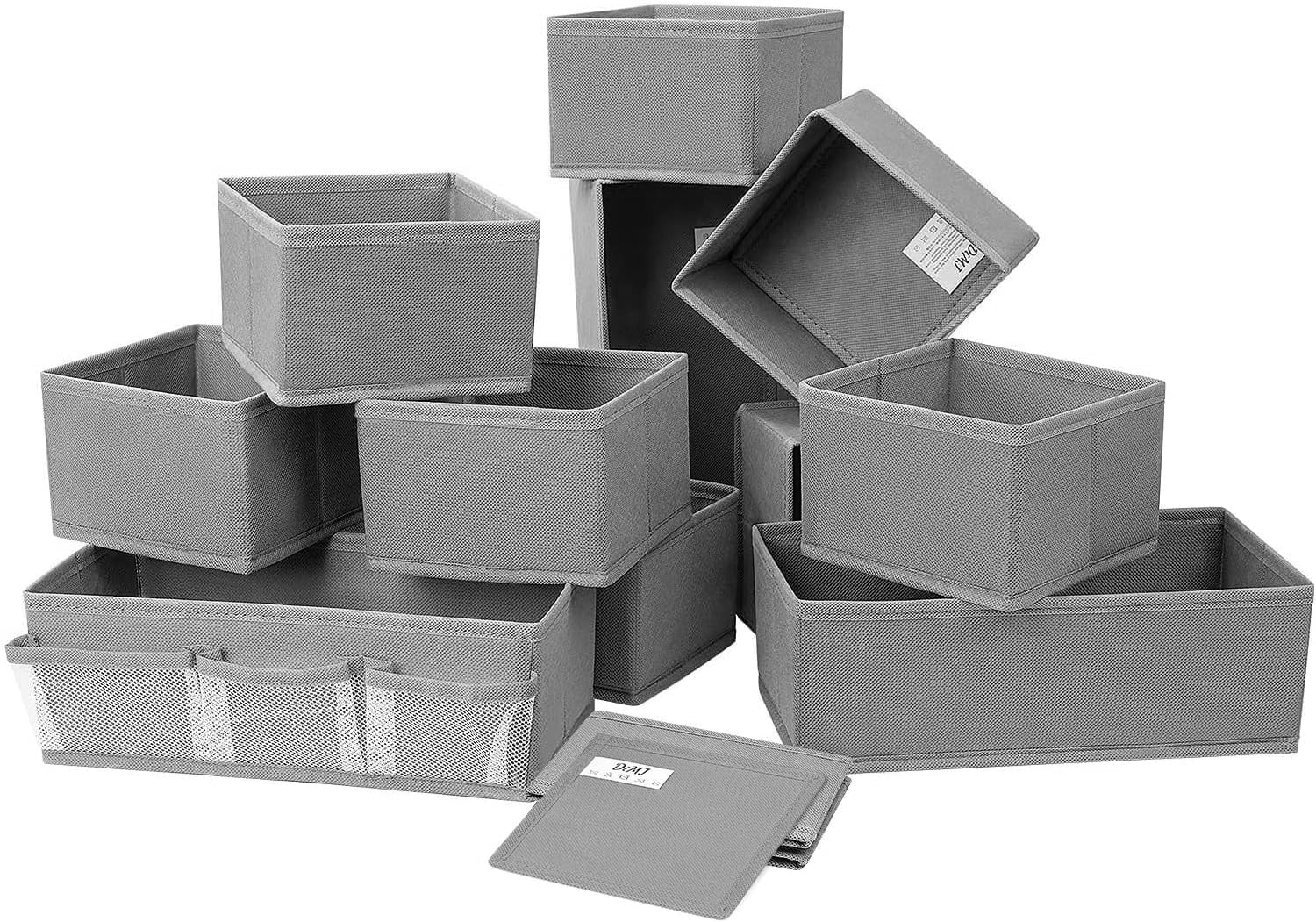 DIMJ 12 PCS Dresser Drawer Organiser Fabric Storage Box Foldable Wardrobe Storage Organiser Drawer Dividers for Socks, Underwear, Ties, Scarves, Cosmetics (Grey)