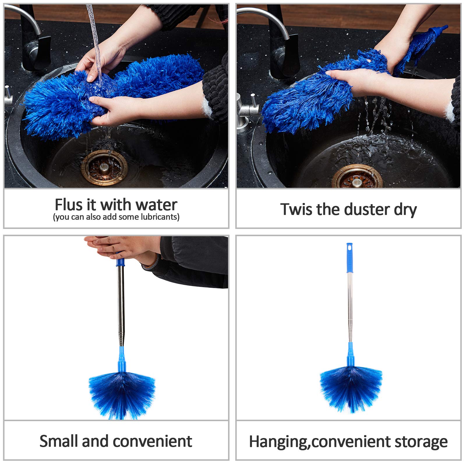 Cobweb Duster with Extension Pole, Washable Cleaning Duster Kit with 2 Duster Heads, Cobweb Duster, Corner Brush, 15-100 Inch Long Aluminum Telescoping Pole for Ceiling Fan (Blue)