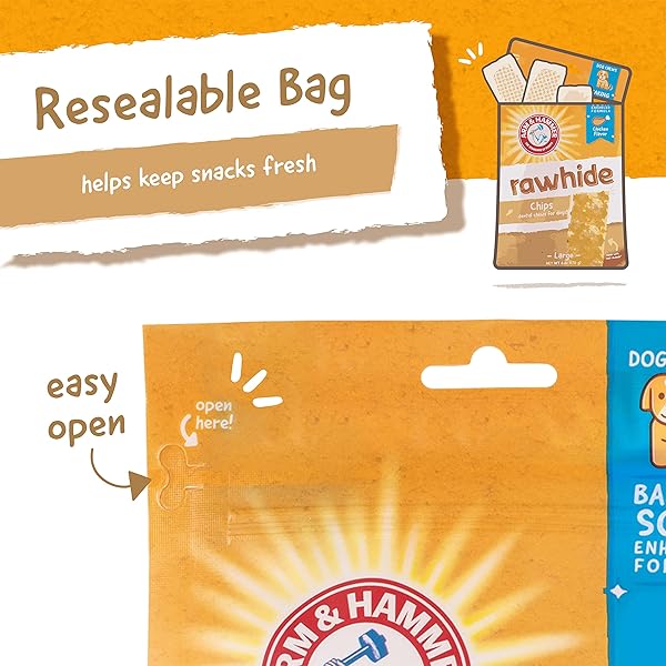 ARM & HAMMER FOR PETS RAWHIDE CHIPS FOR DOGS REAL DOG RAWHIDE CHEWS WITH CHICKEN COATING AND ARM AND HAMMER BAKING SODA ENHANCED FORMULA FOR FRESH DOG BREATH, DOG TREAT BAG SIZE LARGE (PACK OF 1)