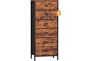 Furnulem Tall Dresser with 6 Drawers,Vertical End Table and Nightstand for Bedroom,Industrial Dorm Bedside Furniture with Fabric Storage Drawer Organizer in Living Room,Closet,Entryway(Rustic Brown)