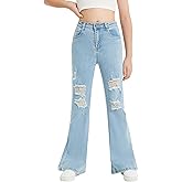 EXARUS Girls Flare Jeans Bell Bottom Teen Denim Pants Flared Ripped Cute Bootcut Mid Rise Elastic Band Pockets Kids