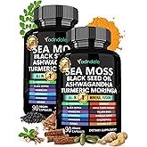 Adndale Sea Moss Black Seed Oil Ashwagandha Ginger Capsules, Sea Moss Capsules with Black Seed Oil, Ashwagandha, Turmeric, Moringa, Bladderwrack, Burdock Root, Manuka Honey, Cinnamon, 180 Count