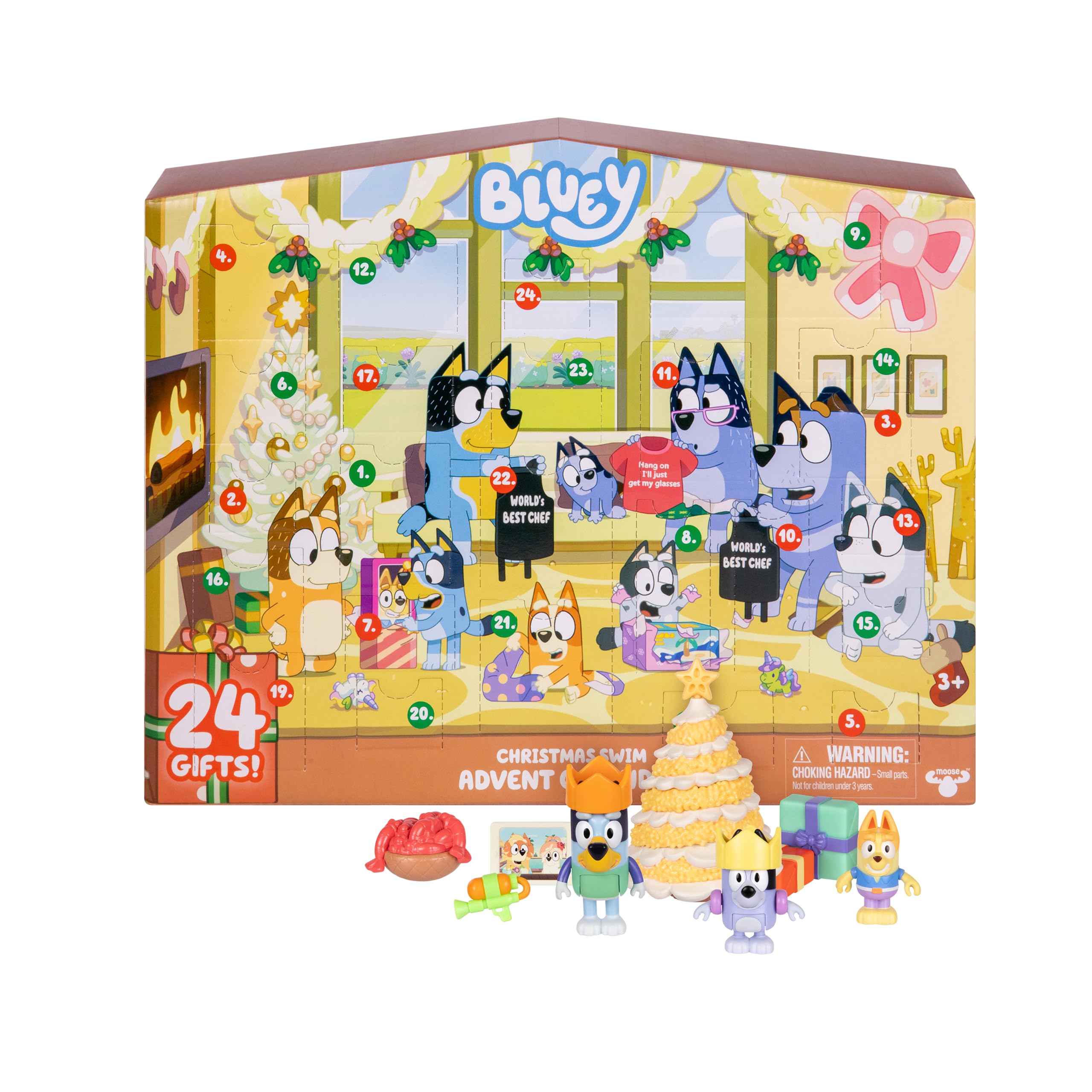 Bluey's Christmas Swim Advent Calendar, This Very Festive Bluey Surprise Pack Has 24 Surprises Behind 24 Different Windows, Includes 3 Christmas Swim Figures, 18 Accessories and 3 Stickers to Reveal