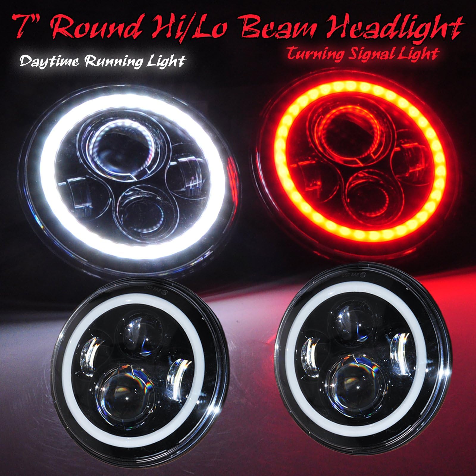 Ohmu 40W 7 Inch Round White DRL and Red Turning Signal Light Halo Ring Angel Eye Osram Led Headlights Turning Signal Lights Day Running Light for Jeep Wrangler JK TJ CJ Harley Headlight DRL
