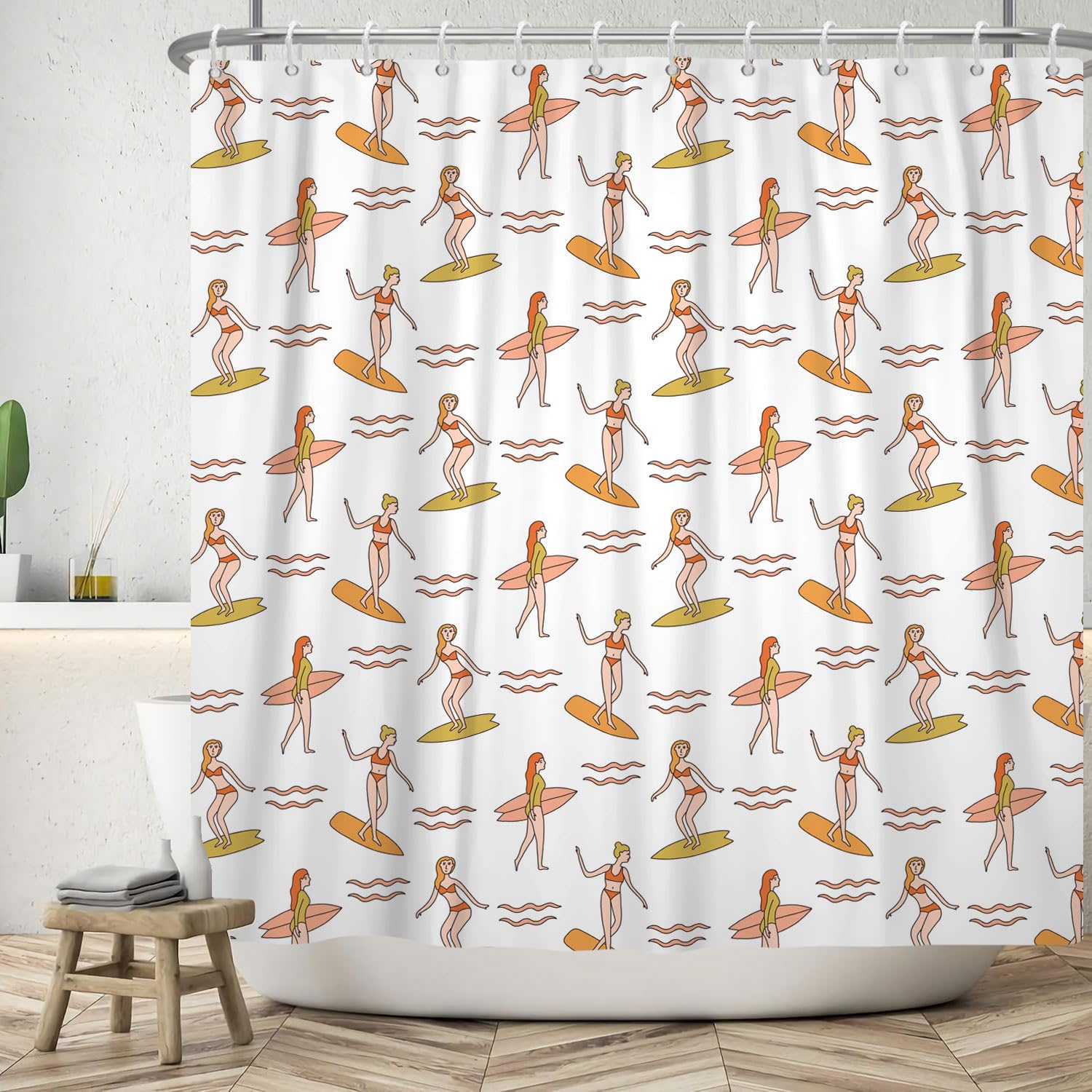 ASDCXZ Funny Shower Curtain, 180 x 200 cm, Cute Bikini Girl by the Sea Surfing Washable Shower Curtains, Polyester, Waterproof, 12 Hooks — image 1