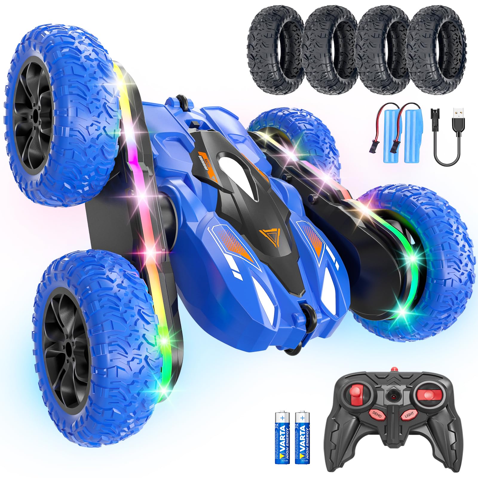 Photo 1 of Wedopro Remote Control Car for Kids, 2.4GHz 4WD Stunt RC Car with Double-Sided 360° Flips, Rechargeable LED Light Off-Road Toy Car for Boys Girls Ages 6-12