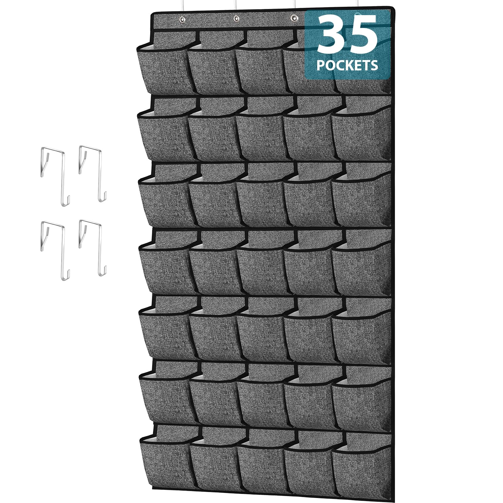 Hanging Shoe Rack Storage Over Door Organiser - 35 Pockets Hanger Storage Holder Bag Wall Mounted with 35 Large Pockets & 4 Wide Hooks for Closet, Slippers, Men Sneakers, Kids Sports Shoes (Black)