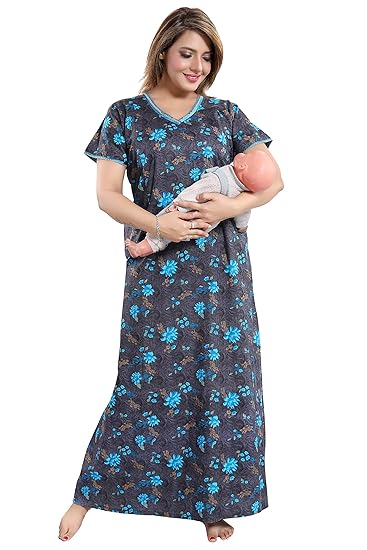 Grey Base Flower Print Feeding/Maternity Cotton Nighty/Night Gown(Size:Free Length:55