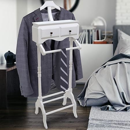 MIADOMODO Herrendiener mit ablage aus Kieferholz Weiß | 45x28.5x125cm, 2 Schubladen, Hosenbügel und Kleiderbügel | Kleiderstä