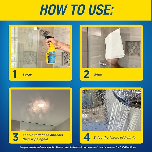 RAIN-X 630023 GLASS SHOWER CLEANER WATER REPELLENT – BATHROOM CLEANER AND WINDOW CLEANER, BATHROOM CLEANING SUPPLIES – PROTECTS GLASS SHOWER AND DOORS FROM SOAP RESIDUE AND HARD WATER, 16 FL. OZ.
