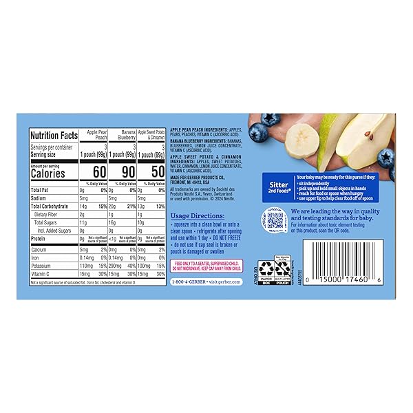 GERBER STAGE 2 BABY FOOD, FRUIT AND VEGGIE FAVORITES PUREE POUCHES VARIETY PACK, NO ADDED SWEETENER, BABY FOOD POUCHES, 9-PACK