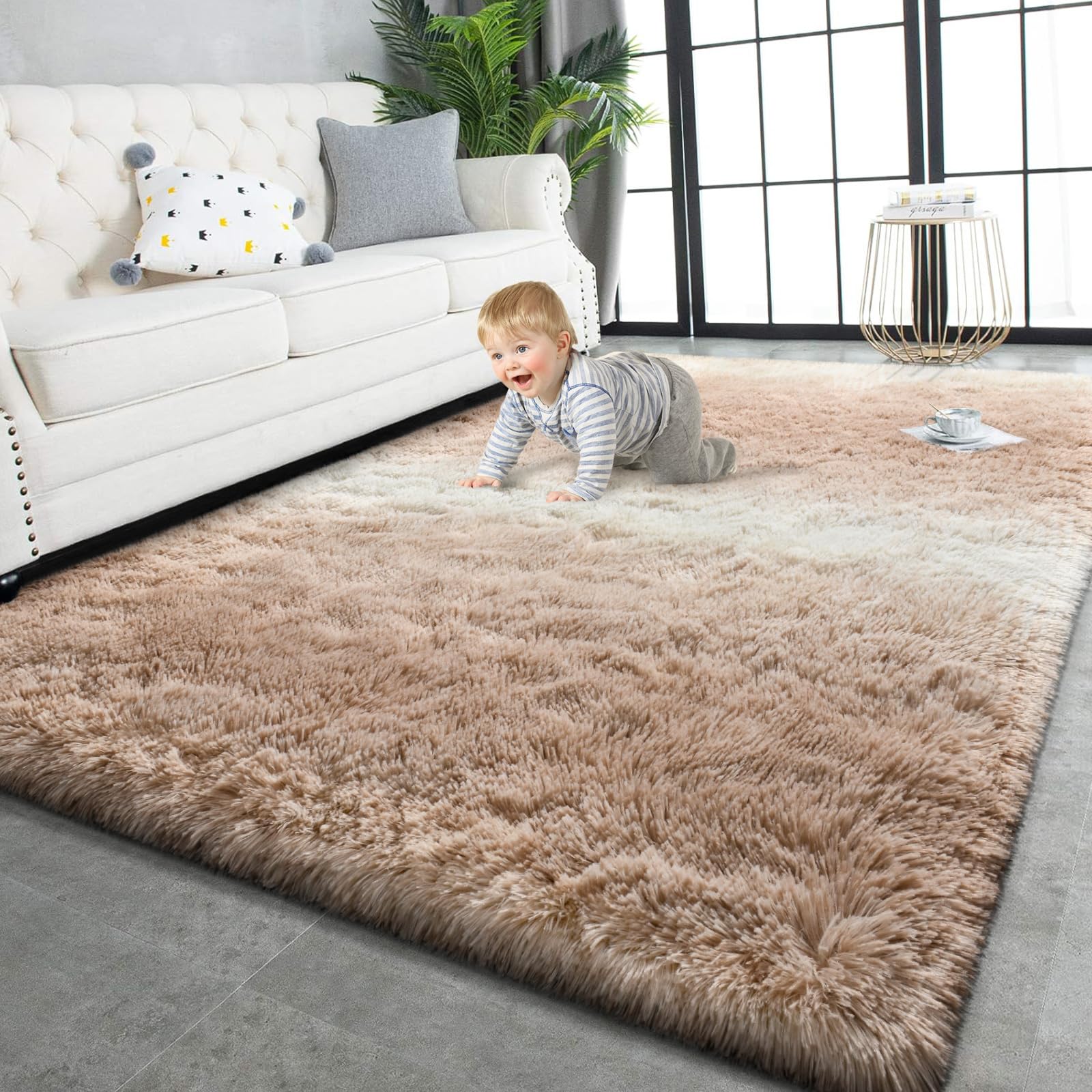 Photo 1 of *MINOR DAMAGE - USED*
TWINNIS Super Soft Shaggy Rugs Fluffy Carpets, 6x9 Feet, Indoor Modern Plush Area Rugs for Living Room Bedroom Kids Room Nursery Home Decor, Upgrade Anti-Skid Rectangular Fuzzy Rug, Tan White