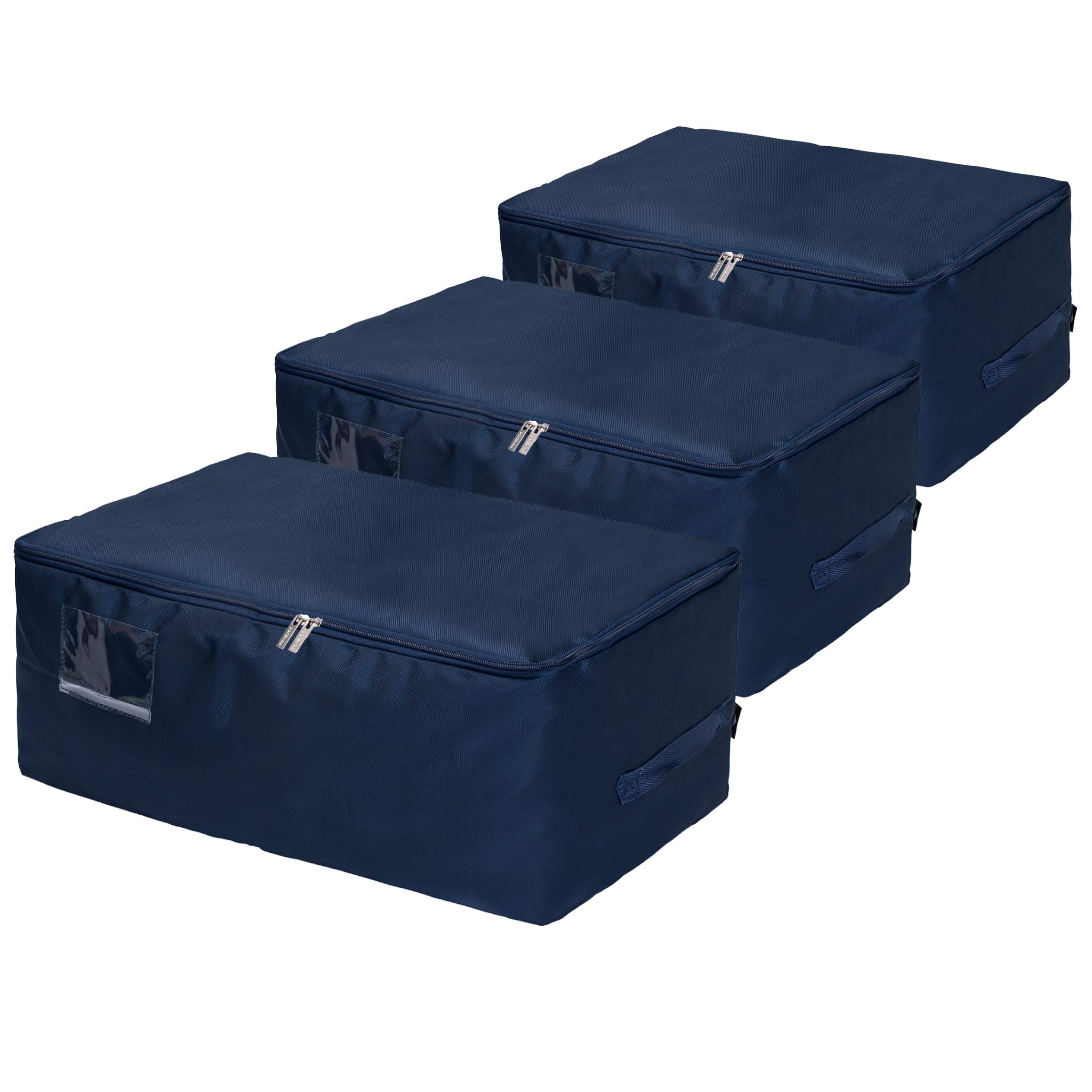 DOKEHOM 3-Pieces 50L Large Underbed Clothes Storage Bag with Zip, Thick Ultra Size Clothes Moving Bag, Moisture proof (Dark Blue, 3 Pack)
