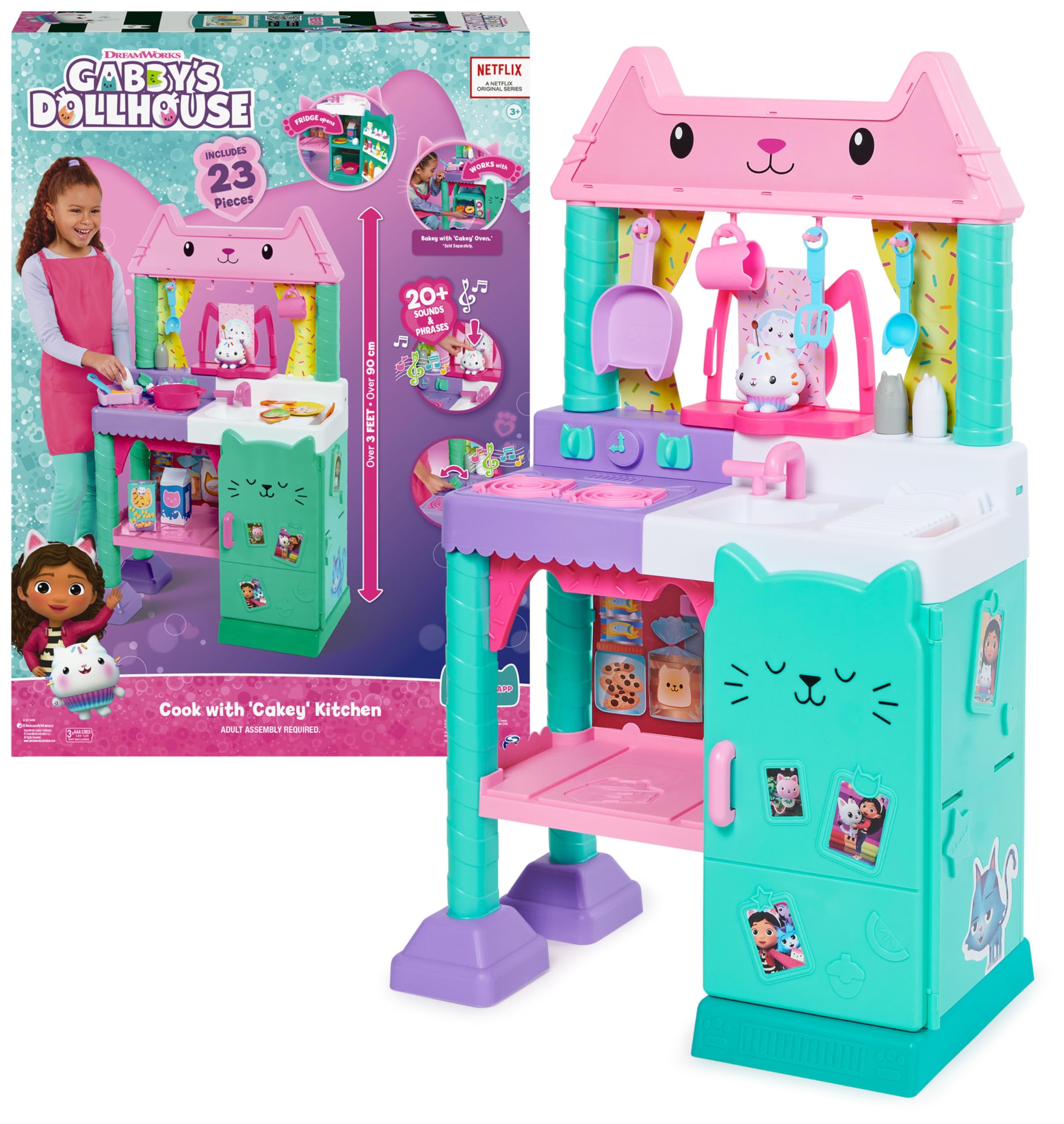 Gabby‘s Dollhouse, Cakey’s Lifesize Kitchen, Rollenspiel Küche mit Geräuscheffekten, Spielküchenzubehör und Spielzeuglebensmittel, geeignet für Kinder ab 3 Jahren