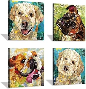 Hardy Gallery Abstract Puppy Artwork Dog Painting: Animal Pet Picture Print on Wrapped on Canvas for Bedroom (12'' x 12'' x 4 Panels)