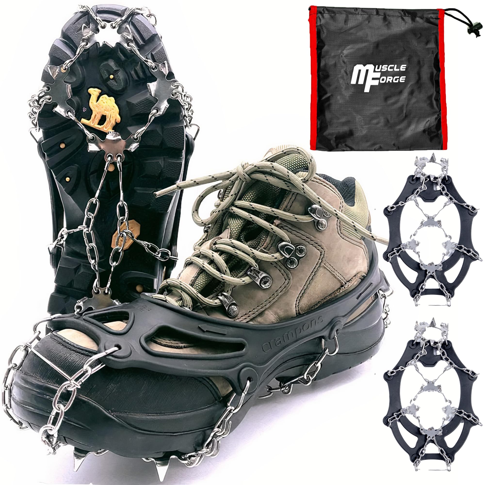 MuscleForge Crampons for Hiking Boots – 19 Stainless Steel Spikes Anti-Slip Snow Grips for Shoes, Durable 5 mm TPE Traction Cleats for Mountaineering, Ice Fishing, Trekking, Unisex Size L (42–45)