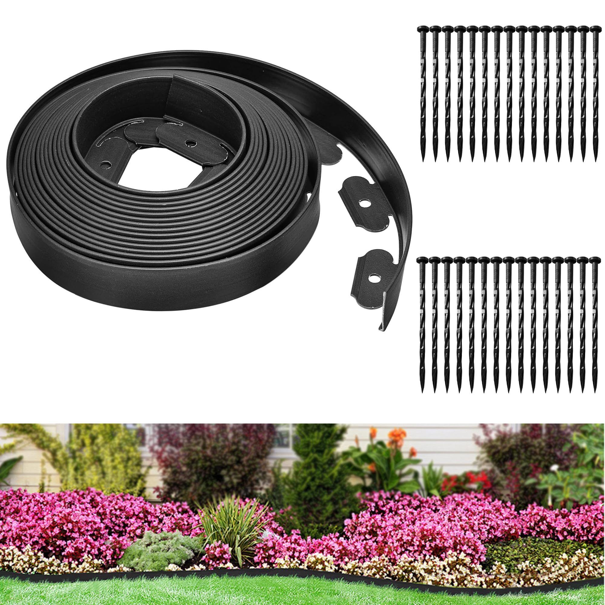 Flexible Lawn Edging Border, 10m x 5cm Plastic Garden Edging with 30 Reinforced Pegs, Flower Bed Edge & Landscape Dividers, All-Weather Resistant (5cm x 10m)