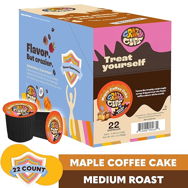 CRAZY CUPS FLAVORED COFFEE PODS, MAPLE COFFEE CAKE SINGLE SERVE COFFEE CUPS FOR K CUP KEURIG MACHINES, BREW HOT OR ICED, 22 COUNT