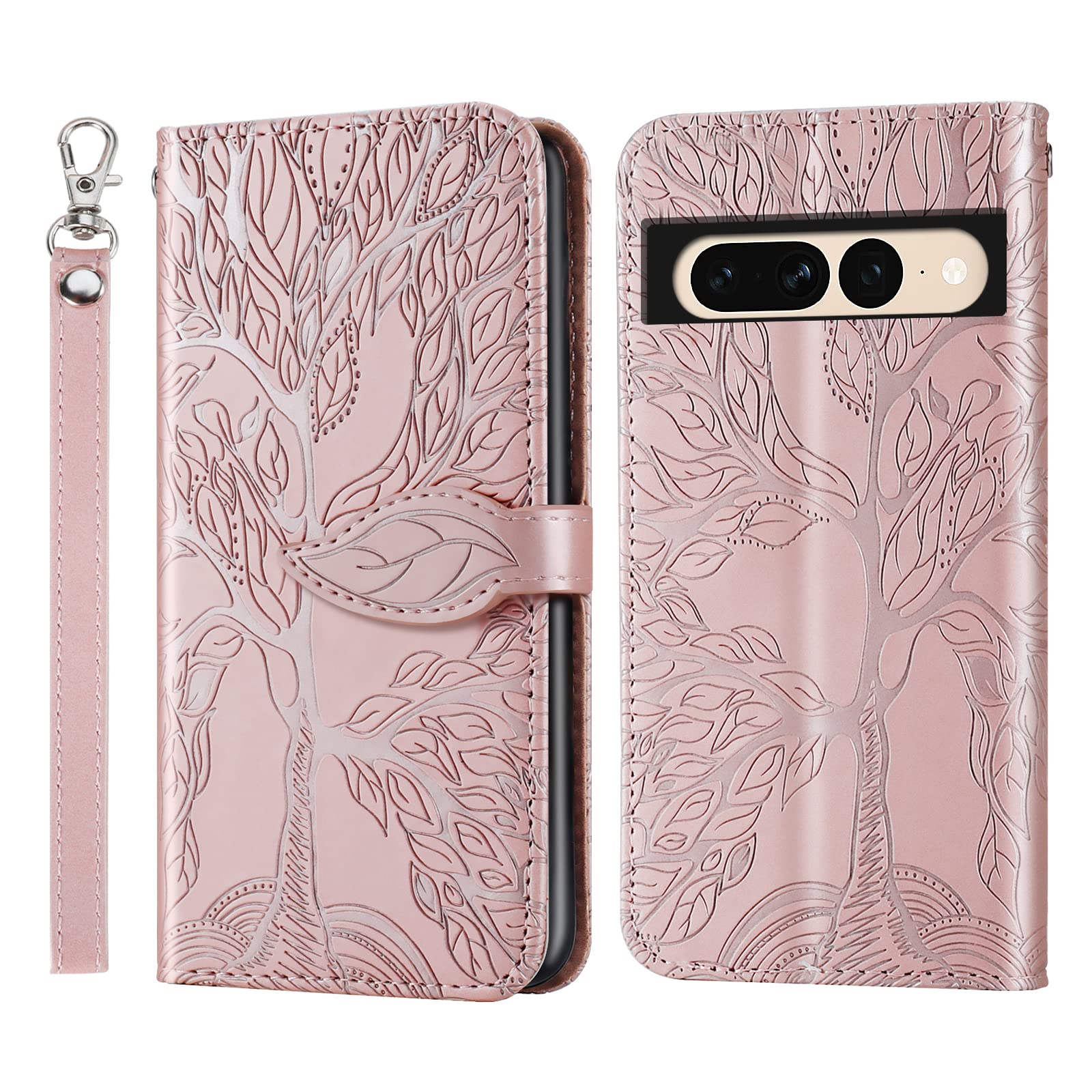 Varohix Wallet Case for Google Pixel 7 Pro with Card Holder/Slot,PU Leather Folio Flip Shell [Kickstand][Magnetic Closure][Wrist Strap] Shockproof Cover Fit Google Pixel 7 Pro, Rose Gold
